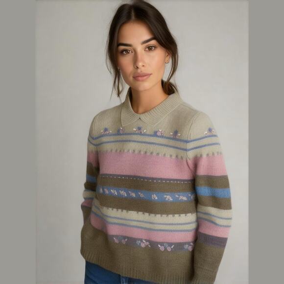 Alfred Dunner Brown Pink Tan Striped Embroidered Flowers Chenille Knit Sweater M - Picture 1 of 9
